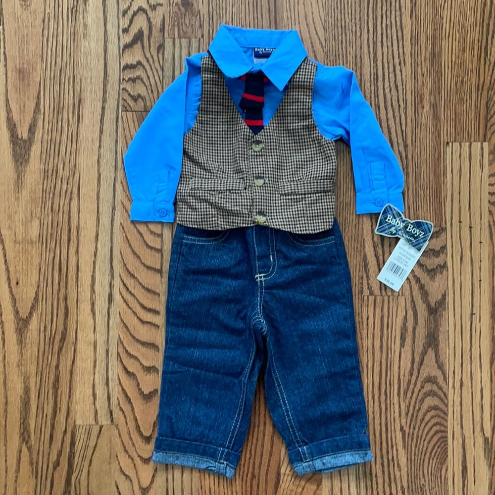 Blue Collared Bodysuit Set (vest/tie) with Jeans